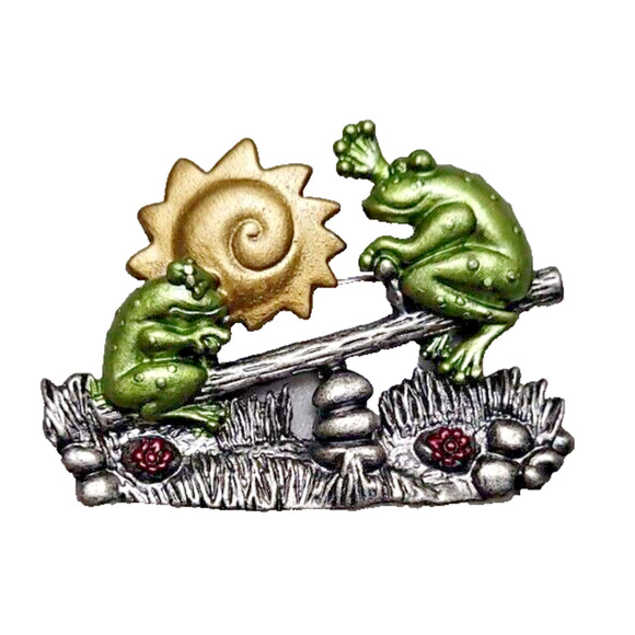 Vintage Signed DD Patricia Darling Dash Enamel FROGS On Seesaw Pewter Pin Brooch - Picture 1 of 7